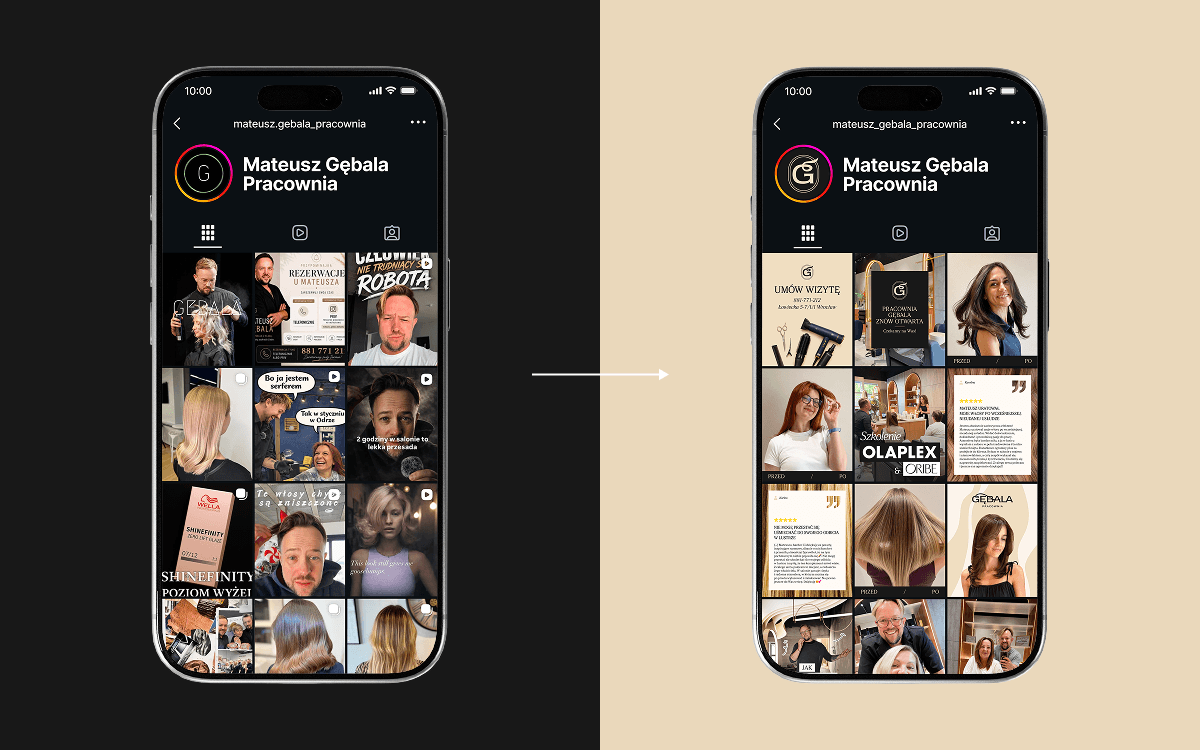Pracownia Gębala's Instagram profile before and after the new visual identity
