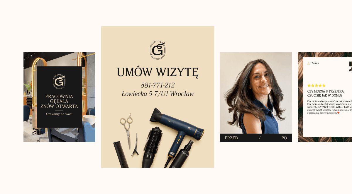 New social media posts for Pracownia Gębala: reopening announcement, book a visit, a makeover and a client review