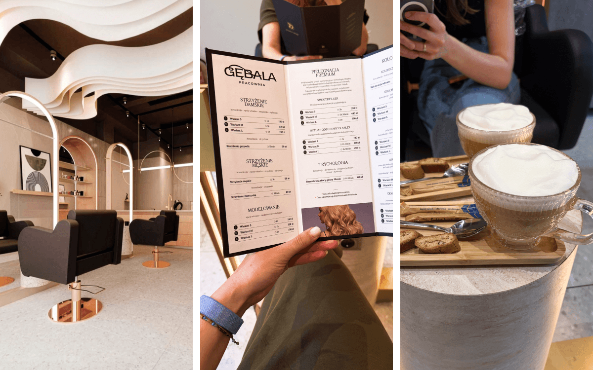 Pracownia Gębala salon interior, the service price list and coffee served to clients