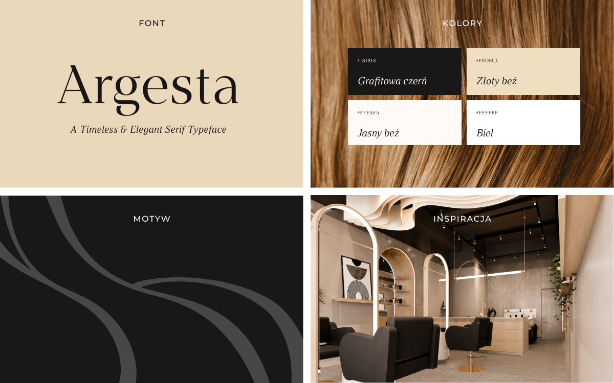 Pracownia Gębala key visual: Argesta typeface, colour palette, wavy line motif and the salon interior as inspiration
