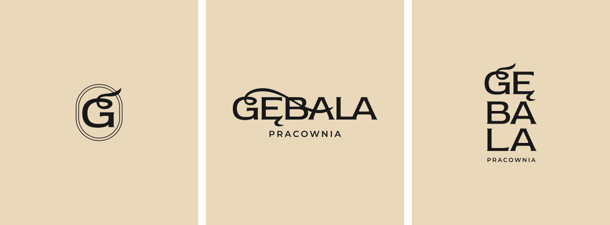Pracownia Gębala logo: the G monogram, horizontal version and vertical version
