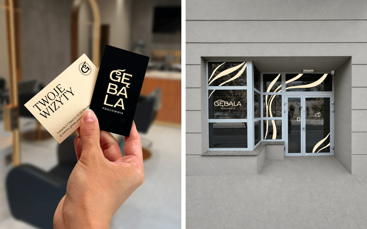 Pracownia Gębala business cards and the salon storefront with the wavy graphic motif