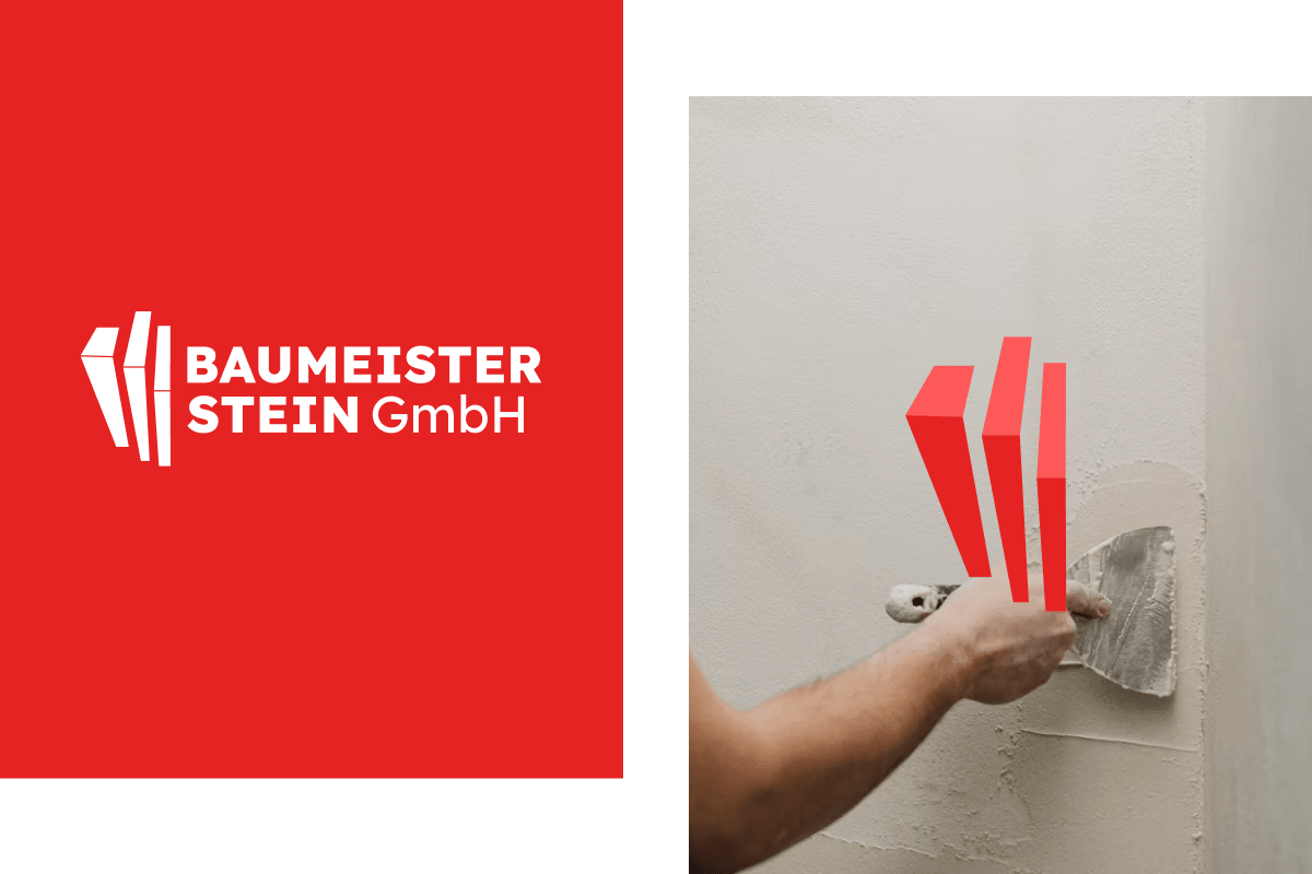 Nowe logo Baumeister Stein GmbH na czerwonym tle i znak marki w kontekście prac remontowych