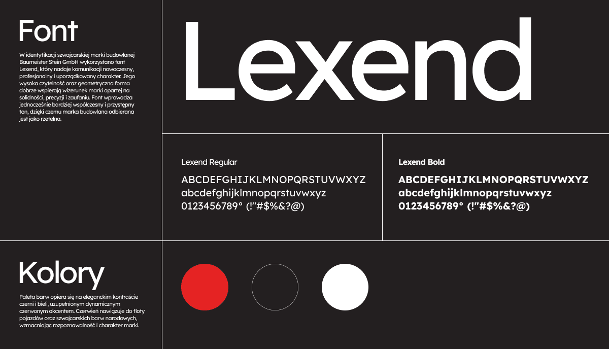 Typografia Lexend i paleta barw marki Baumeister Stein – czerń, biel i czerwony akcent