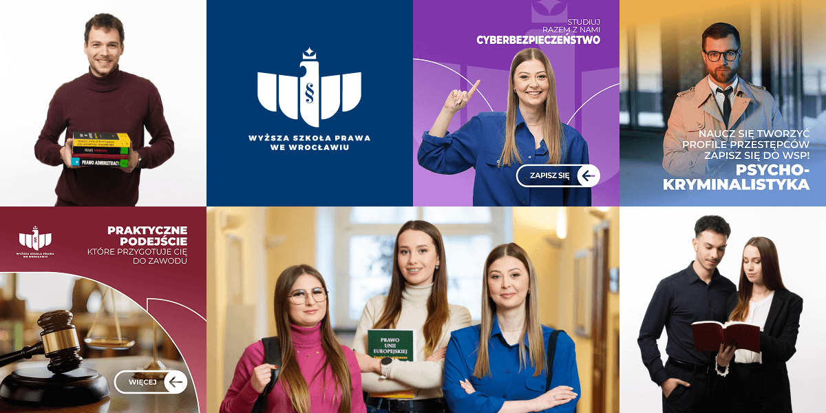 Wyższa Szkoła Prawa – kreacje reklamowe i posty w social mediach dla kierunków studiów